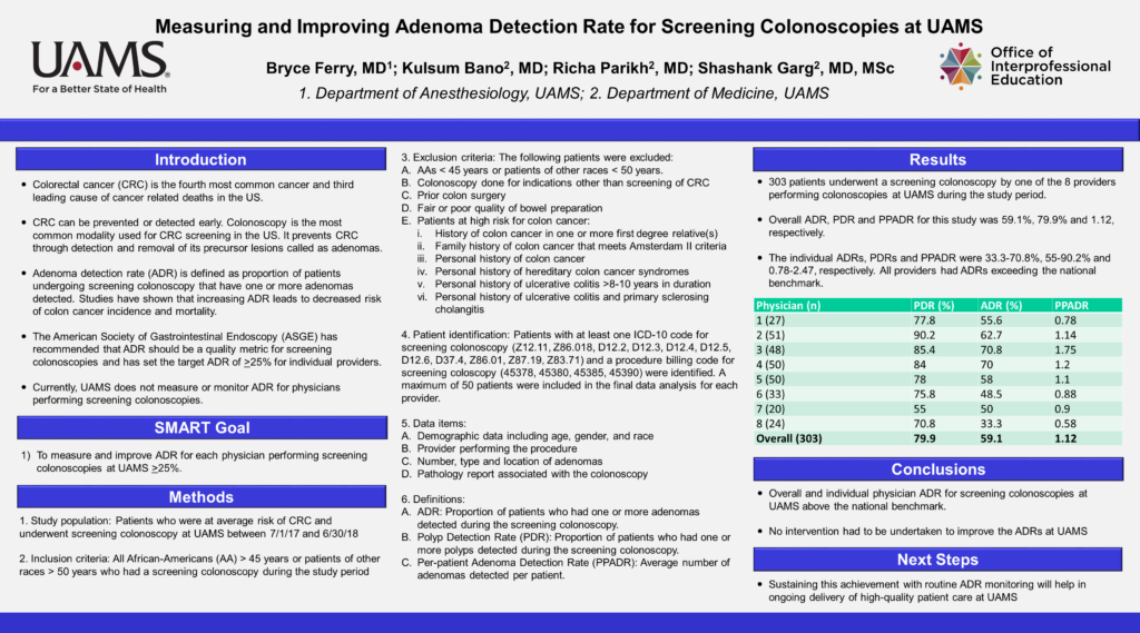 Measuring and Improving Adenoma Detection Rate for Screening Colonoscopies at UAMS